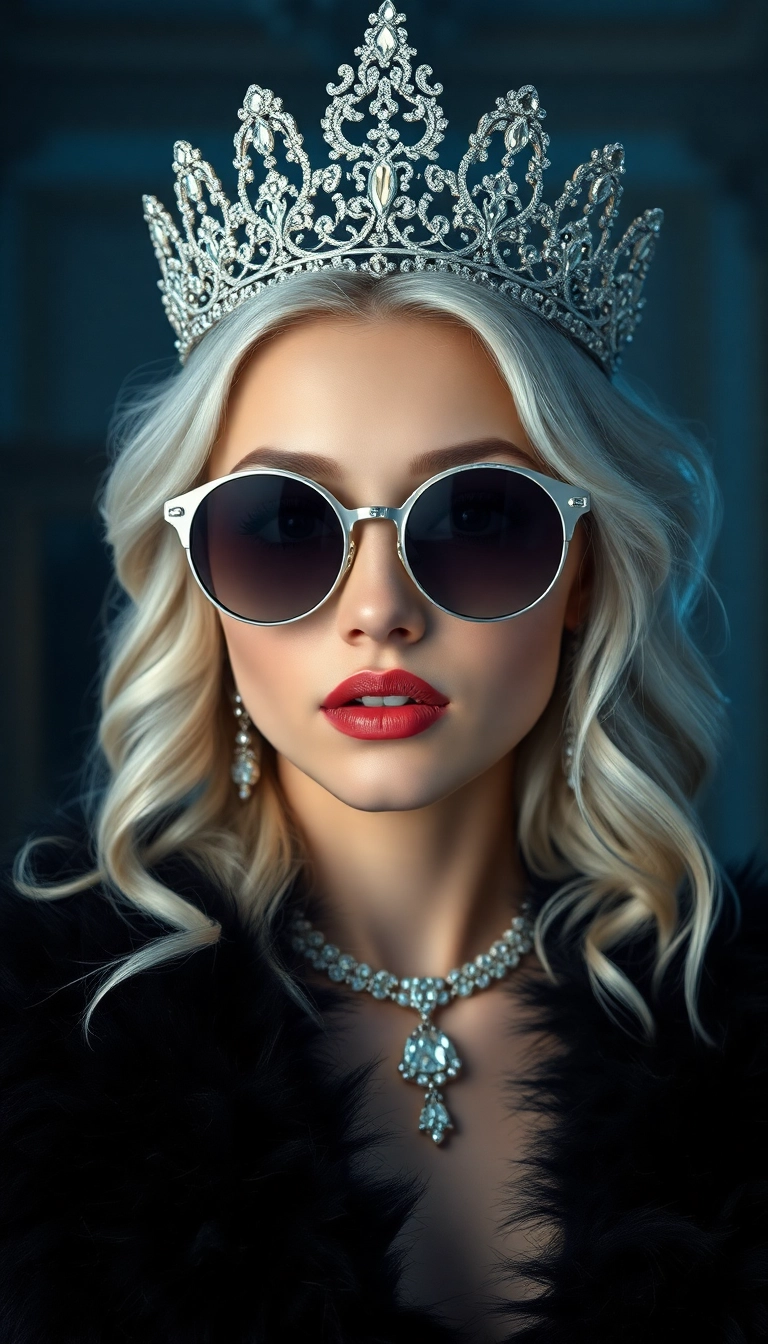 Best Young Platinum Blonde Queen in Black Fur Phone Luxury Wallpaper
